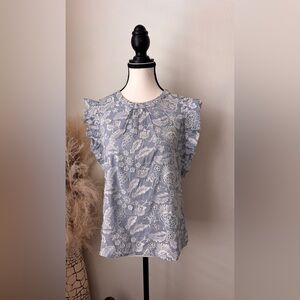 Ultra Pink Embroidered Floral Ruffle Sleeve Blouse - M